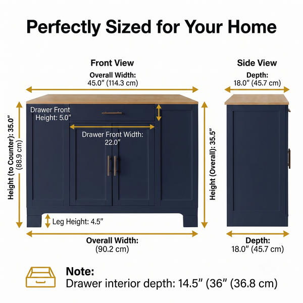 Premium Compact Modern Navy Blue Storage Cabinet & Kitchen Buffet with Gold Hardware