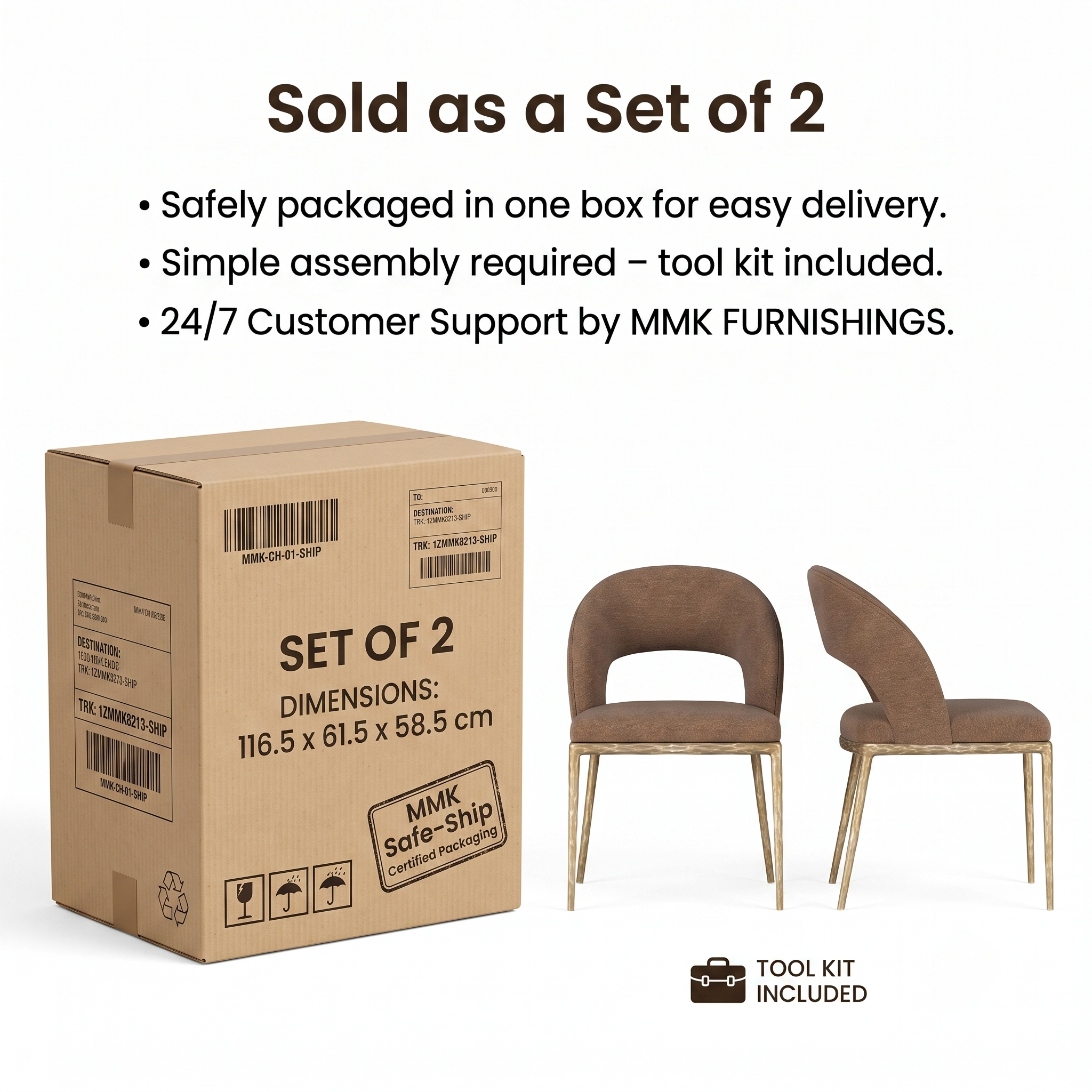 Premium Modern Upholstered Dining Chairs with Curved Cutout Back & Textured Gold Steel Legs (Set of 2)