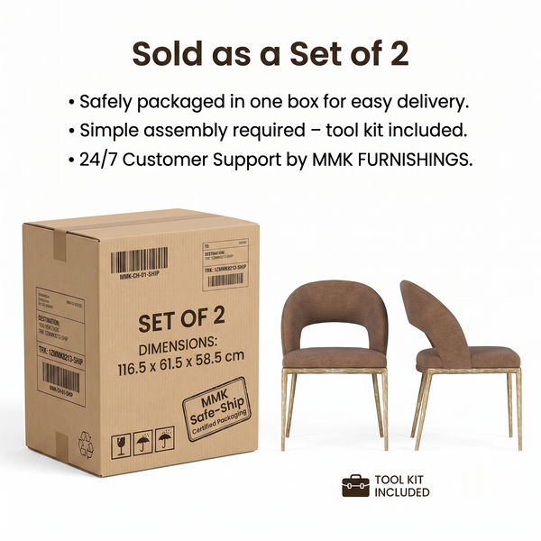 Premium Modern Upholstered Dining Chairs with Curved Cutout Back & Textured Gold Steel Legs (Set of 2)