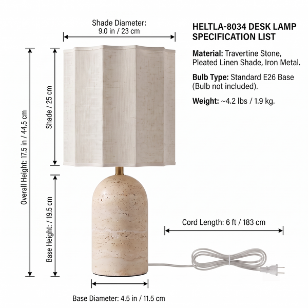 Modern Japandi Travertine Stone Desk Lamp with Pleated Fabric Shade