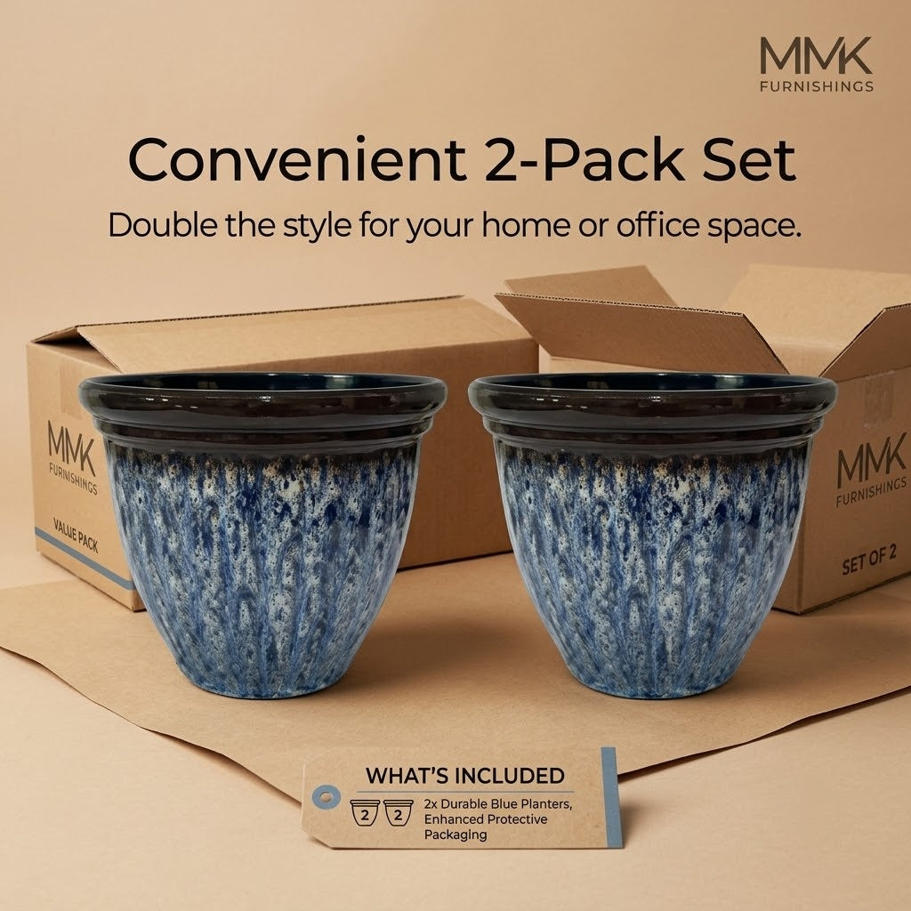 Premium 15.7" Round Plastic Planter – Blue Glaze Faux Ceramic Finish