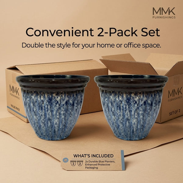 Premium 15.7" Round Plastic Planter – Blue Glaze Faux Ceramic Finish