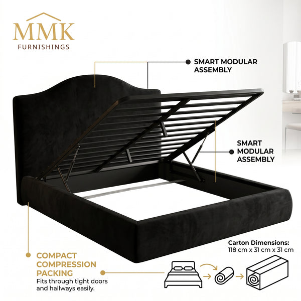 Premium Queen Completely Upholstered Lift-Up Storage Bed with Curved Headboard - Black