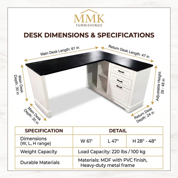 Premium 61" Two-Tone L-Shaped Home Office Desk with Storage & Ergonomic Lift Mechanism