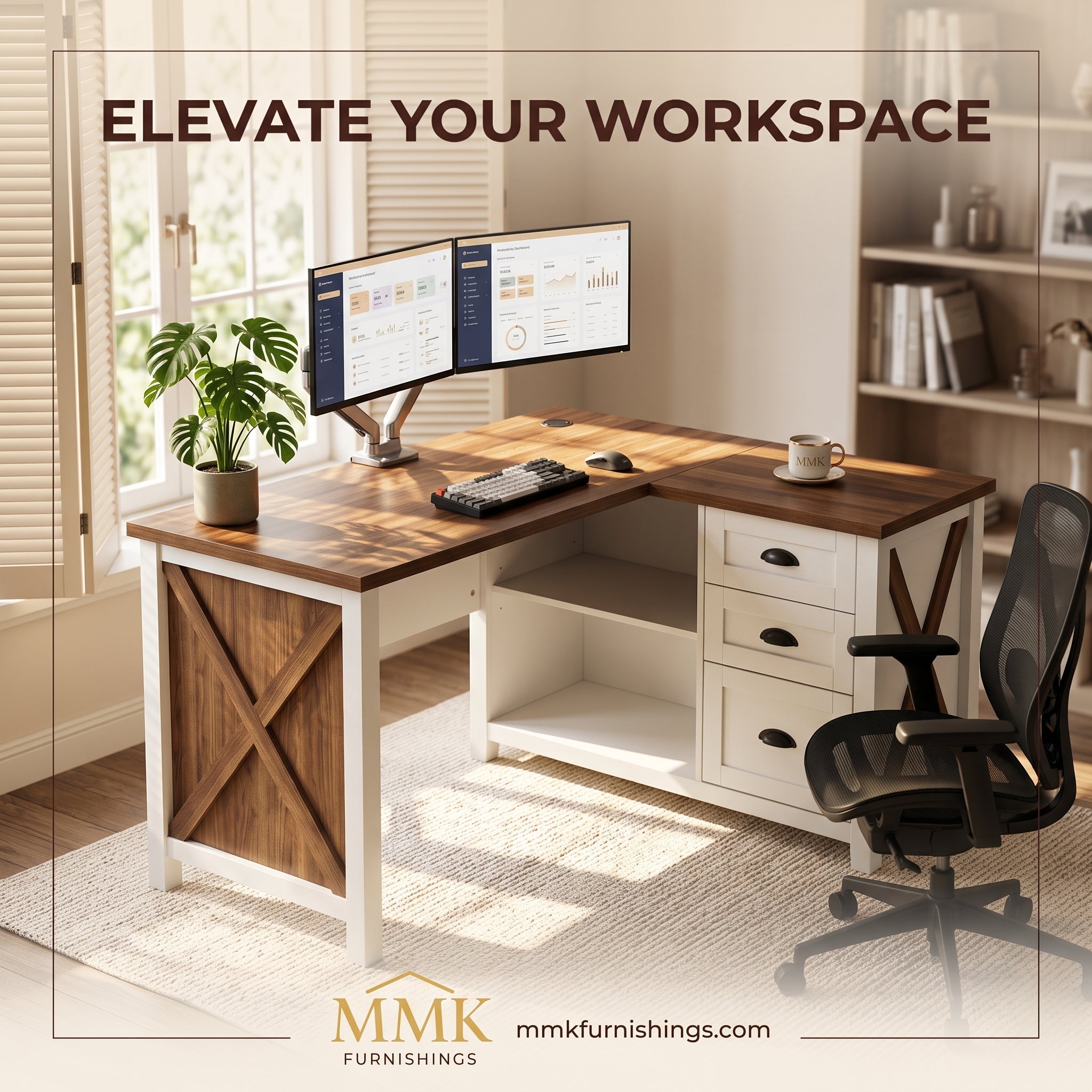 Premium 55" Two-Tone Farmhouse L-Shaped Home Office Desk with Lift Mechanism & Storage