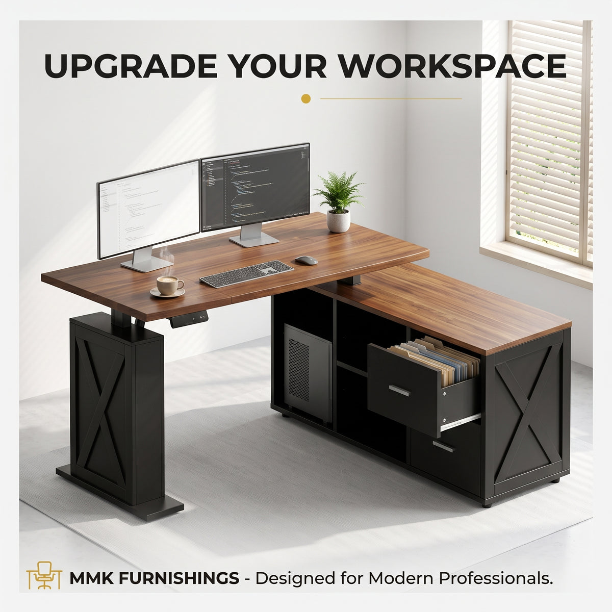 Premium 55" Two-Tone Farmhouse L-Shaped Standing Desk with Lift Mechanism & Storage