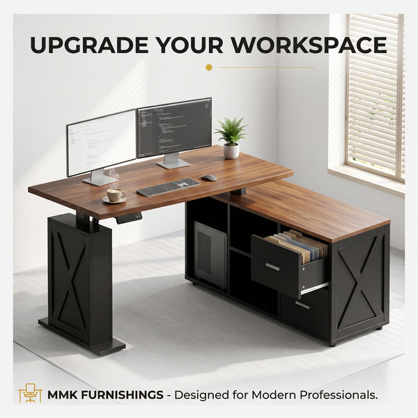 Premium 55" Two-Tone Farmhouse L-Shaped Standing Desk with Lift Mechanism & Storage