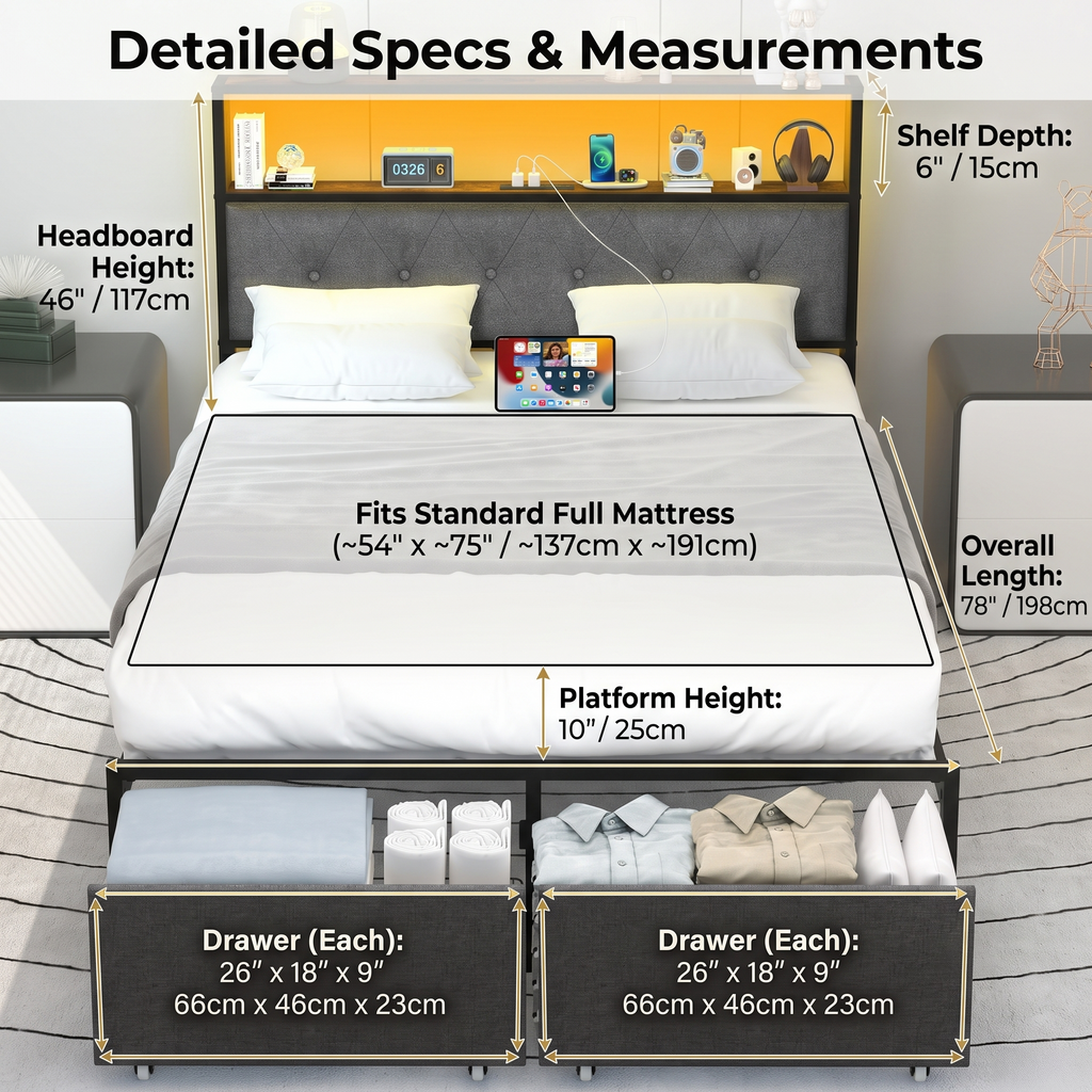 Modern Rustic Full Size Upholstered Bed Frame with LED Lights, Charging Station & 2 Storage Drawers