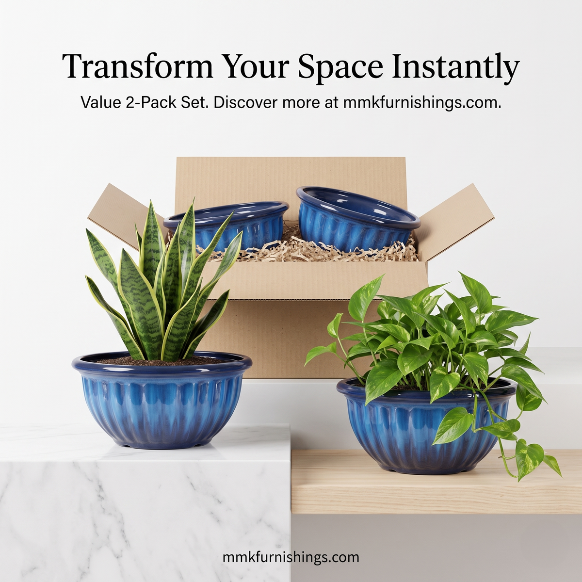MMK Furnishings Elegant Blue Ribbed Plastic Planter (100% PP Plastic)