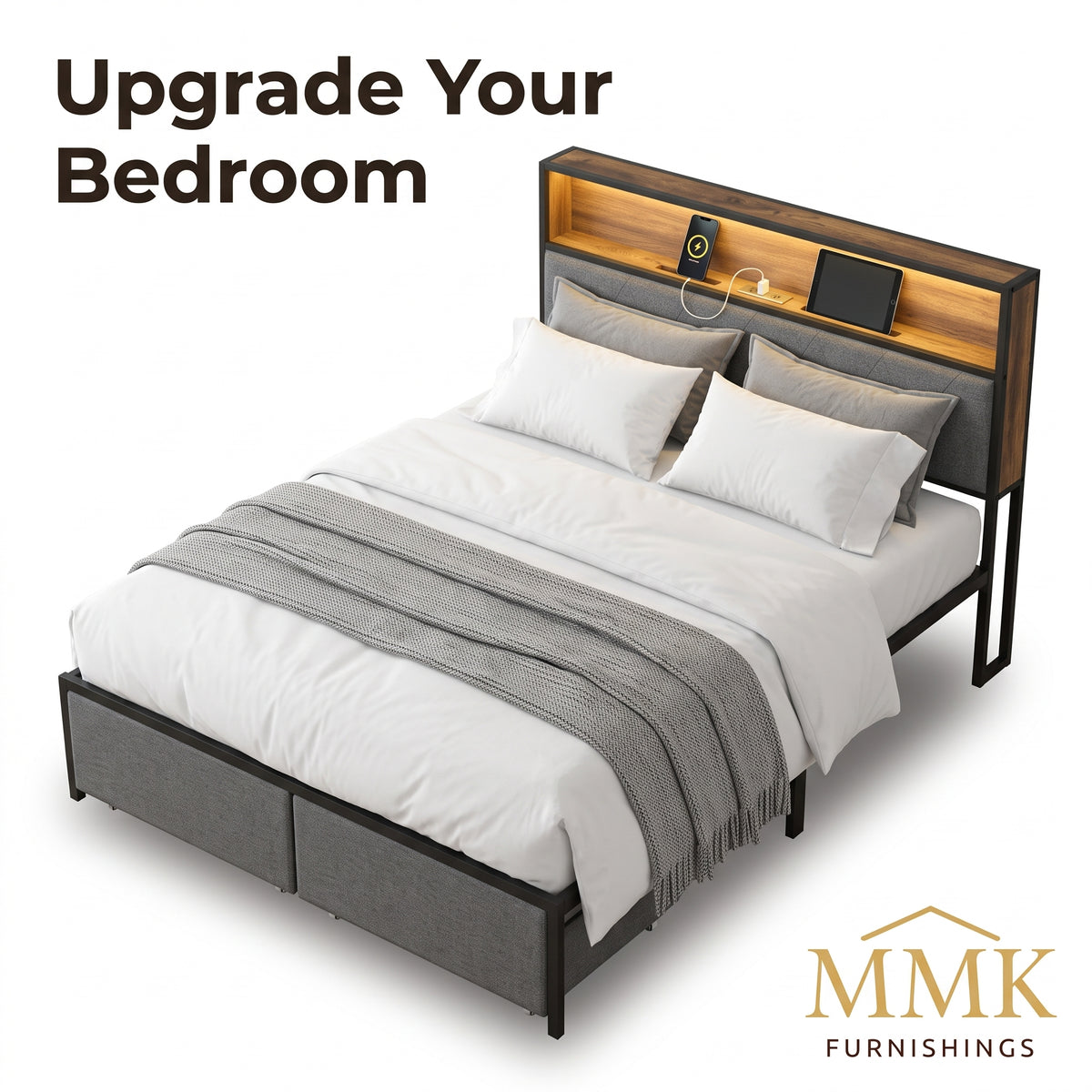 Full Size Upholstered Platform Bed Frame with LED Lights, Storage Headboard & Charging Station
