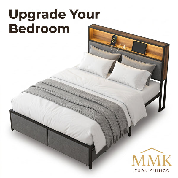 Full Size Upholstered Platform Bed Frame with LED Lights, Storage Headboard & Charging Station