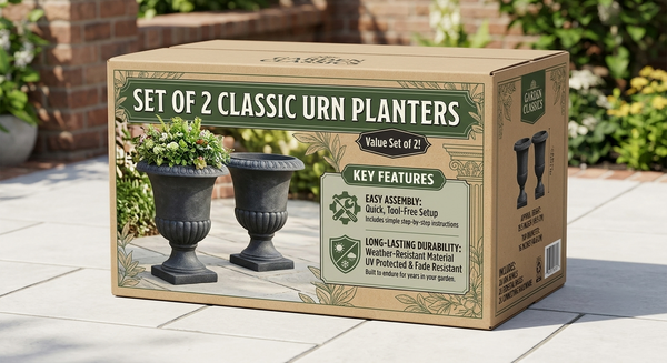 MMK Furnishings Classic Pedestal Urn Planter – Lightweight 100% PP Plastic, Faux Stone Finish for Indoor & Outdoor Use