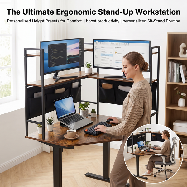 L-Shaped Electric Sit-Stand Corner Desk with Integrated Shelves & Fabric Storage Pockets