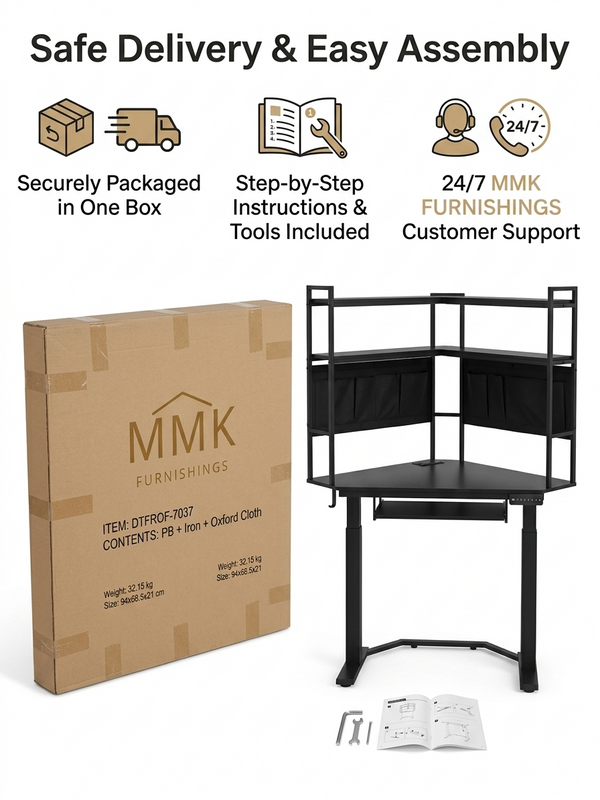 Sleek All-Black L-Shaped Electric Sit-Stand Corner Desk with Integrated Shelves & Storage