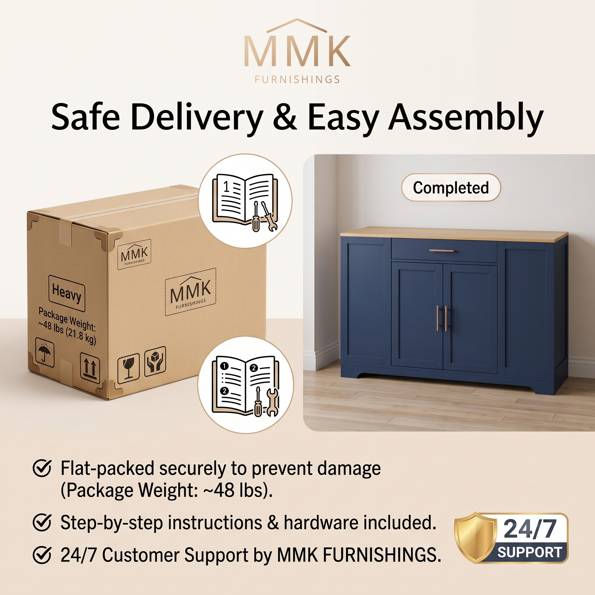 Premium Compact Modern Navy Blue Storage Cabinet & Kitchen Buffet with Gold Hardware