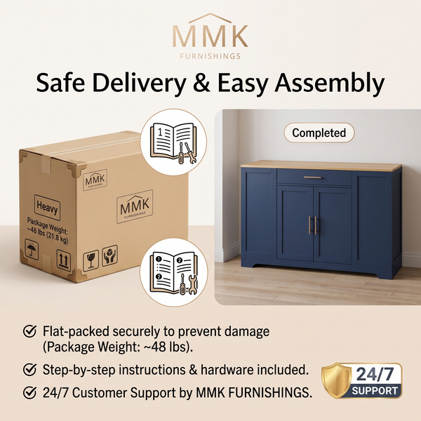 Premium Compact Modern Navy Blue Storage Cabinet & Kitchen Buffet with Gold Hardware