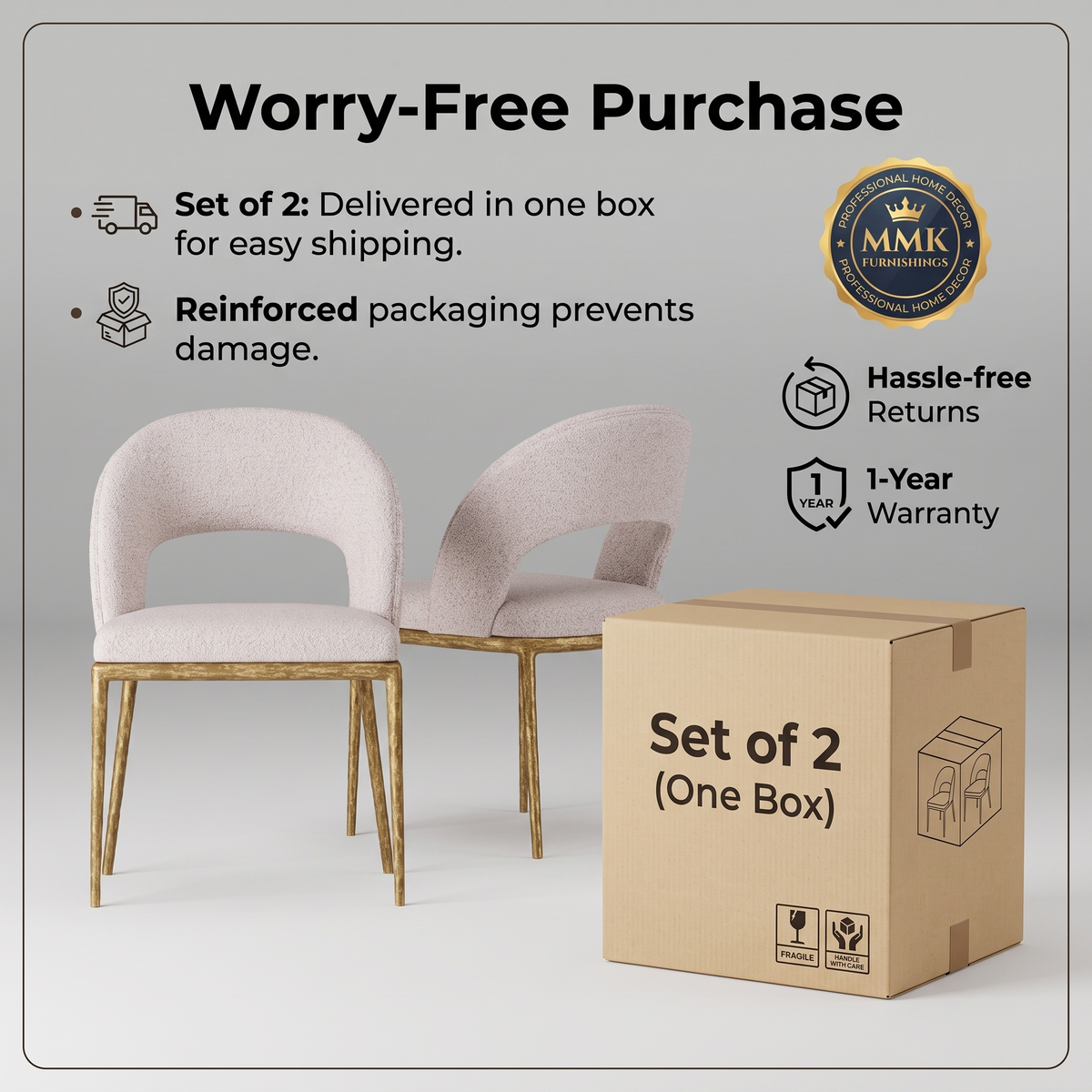 Premium Modern Upholstered Dining Chairs with Curved Cutout Back & Forged Gold Legs (Set of 2)