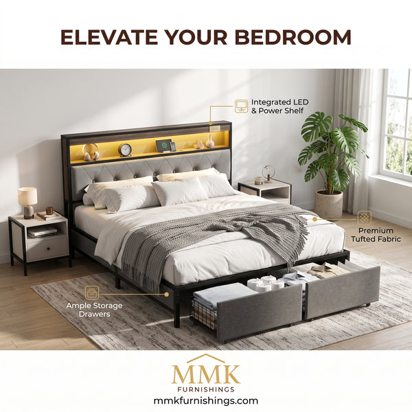 Full Size Upholstered Platform Bed Frame with LED Lights, Storage Headboard & Charging Station